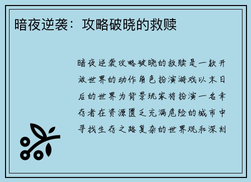 暗夜逆袭：攻略破晓的救赎