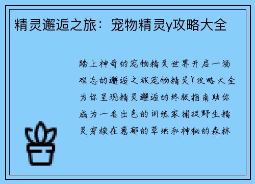 精灵邂逅之旅：宠物精灵y攻略大全
