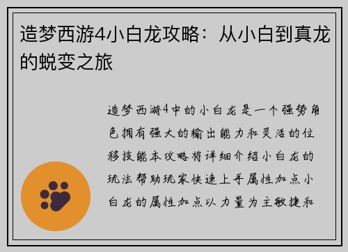 造梦西游4小白龙攻略：从小白到真龙的蜕变之旅