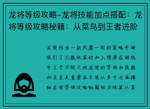 龙将等级攻略-龙将技能加点搭配：龙将等级攻略秘籍：从菜鸟到王者进阶之路