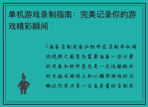 单机游戏录制指南：完美记录你的游戏精彩瞬间
