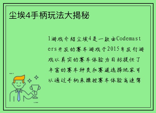 尘埃4手柄玩法大揭秘